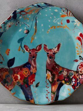 Anthropologie Folklore Fawns Plate – Starla M. Halfmann 8” Floral Deer